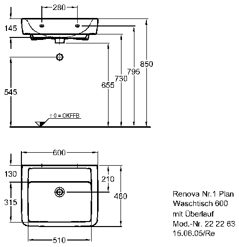 Keramag Waschtisch Renova Nr. 1 Plan 222263 600x480mm