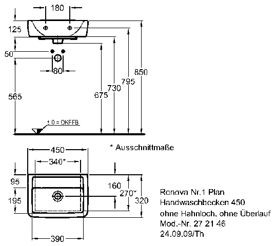 Keramag Handwaschbecken Renova Nr. 1 Plan, ohne Hahnl., ohne Überlauf 450x320mm