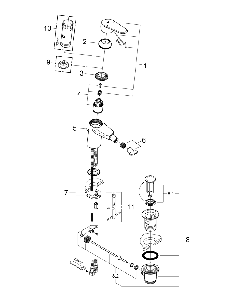 Grohe Einhand-Bidetbatterie Eurodisc C 33244 Zugstangen-Ablaufgarnitur chrom