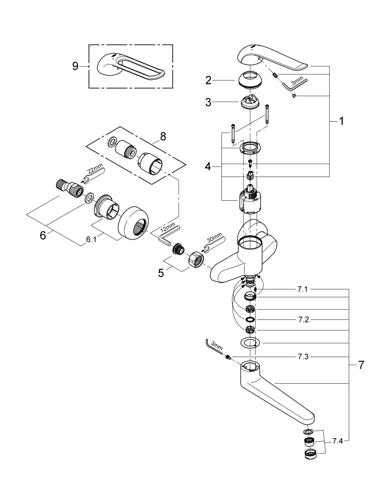 Grohe Einhand-Waschtisch-batterie Euroeco Special 32773 Wandmontage Ausladung 256mm chrom
