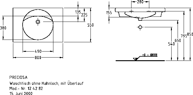 Keramag Waschtisch Preciosa 124282 800x550mm o.Hl.m.Ül.