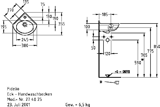 Keramag Eck-Handwaschbecken Fidelio 274025 Schenkellänge 270mm