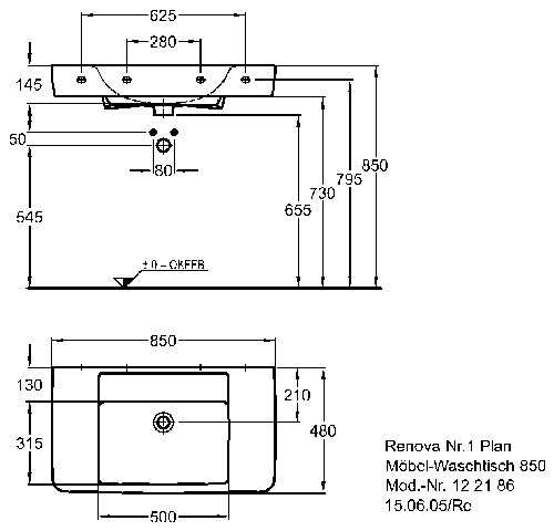Keramag Möbel-Waschtisch Renova Nr.1 Plan 850x480mm, o. Hahnloch o. Überlauf, 122186