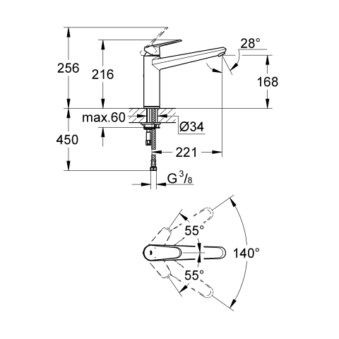 Grohe Einhand-Spültisch-Batterie Eurodisc C 33770 flacher Auslauf Gussauslauf chrom