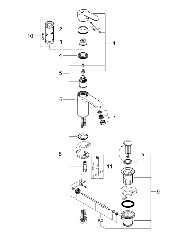 Grohe Einhand-Waschtisch-Batterie Eurostyle C 33552 EcoJoy Zugstangen-Ablaufgarnitur chrom