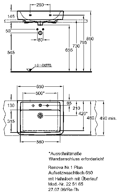 Keramag Aufsatzwaschtisch Renova Nr. 1 Plan 225165 650x480mm