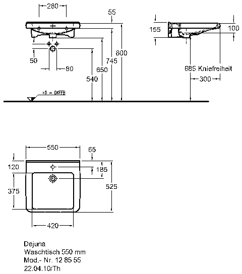 Keramag Waschtisch Dejuna, 550x525mm, 128555 unterfahrbar, mit Überlauf