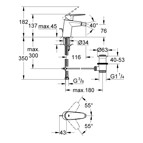 Grohe Einhand-Bidetbatterie Eurodisc C 33244 Zugstangen-Ablaufgarnitur chrom
