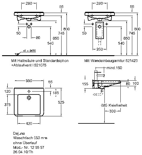 Keramag Waschtisch Dejuna, 550x525mm, 128557 unterfahrbar,ohne Überlauf,