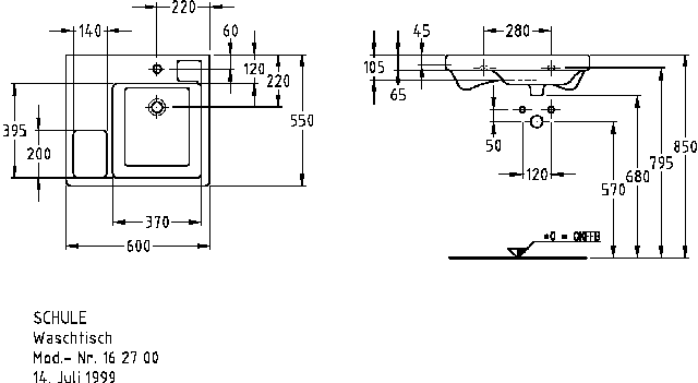 Keramag Waschtisch Schule 162700 600x550mm, mit Hahnloch