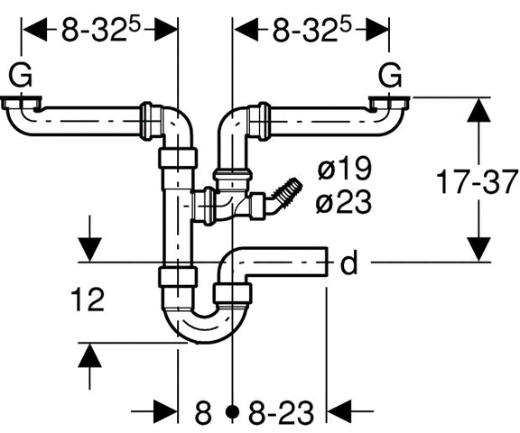 Geberit Spültisch-Ablauf G 11/2 x 40 mm weiß für WM und GS in PP für zwei Becken