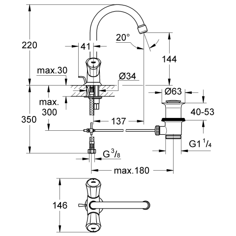 Grohe Zweigriff-Waschtisch-Batterie Costa 21375 Zugst.-Abl.grt. flex. A.-Schläuche chrom