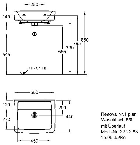 Keramag Waschtisch Renova Nr. 1 Plan 222258 550x440mm ohne Hahnloch