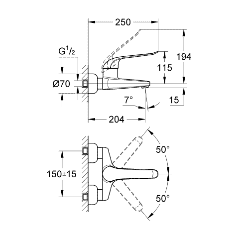 Grohe Einhand-Waschtisch-batterie Euroeco Special 32778 Wandm. Gussauslauf Ausladung 204mm chrom