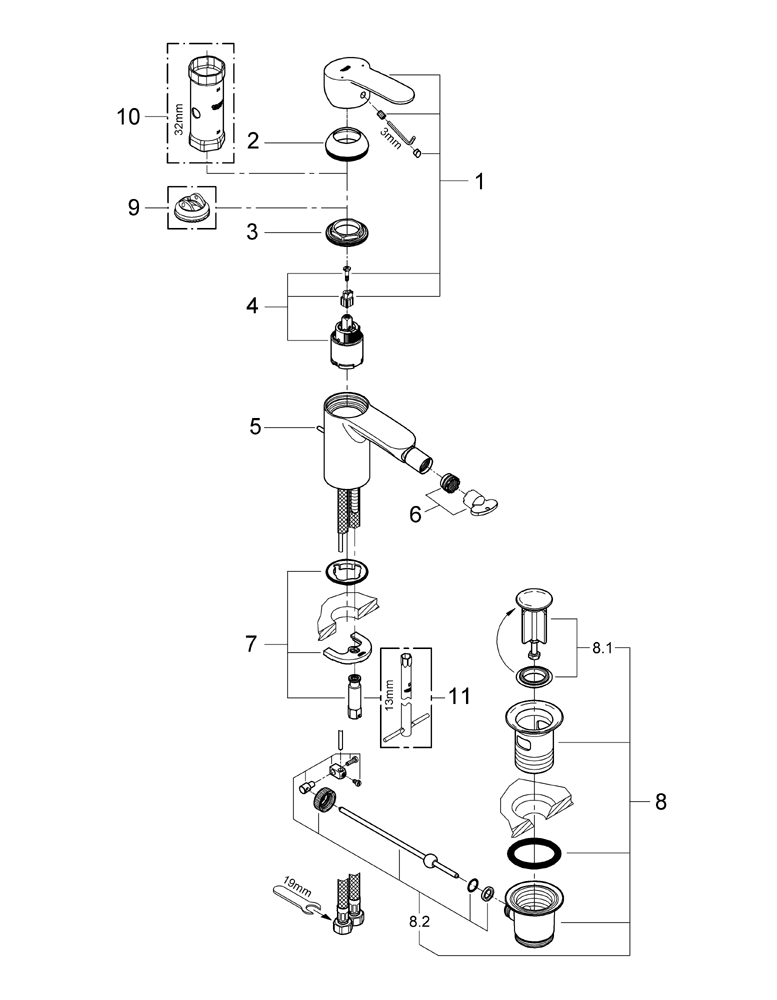 Grohe Bidet-Batterie Eurostyle C 33565 Zugstangen-Ablaufgarnitur chrom