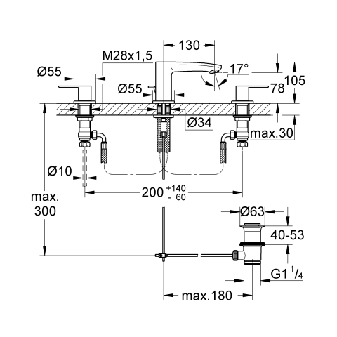 Grohe 3-Loch-Waschtisch-Batterie Eurostyle C 20208 Zugstangen-Ablaufgarnitur chrom