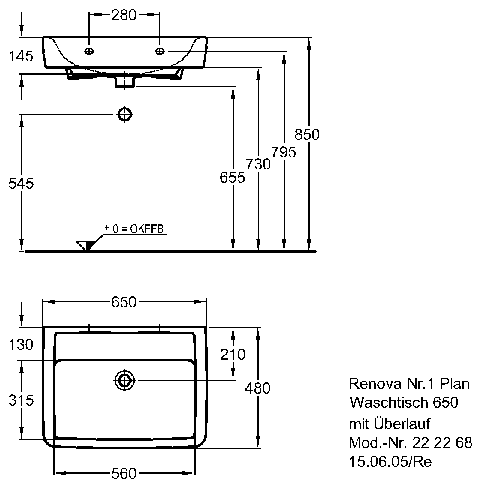 Keramag Waschtisch Renova Nr. 1 Plan o. HL m. ÜL, 650x480mm