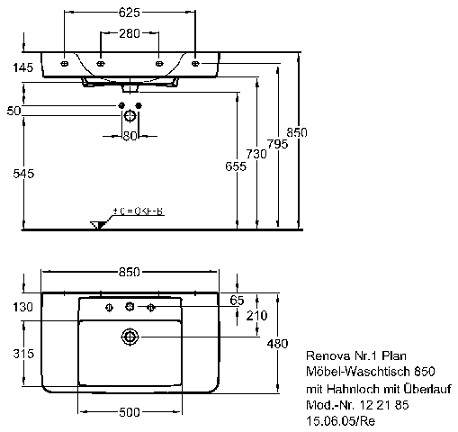 Keramag Waschtisch Renova Nr.1 Plan 122185 850x480mm KeraTect