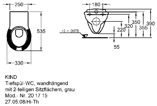 Keramag Tiefspül-WC Kind, 6L, wandh., Abg. waager., Sitzflächen grau