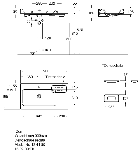 Keramag Waschtisch iCon, Dekoschale rechts 900x485mm