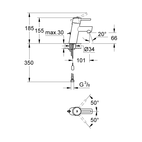 Grohe Einhand-Waschtisch-Batterie Concetto 32206 EcoJoy 28mm Kart. versenkb. Kette chrom