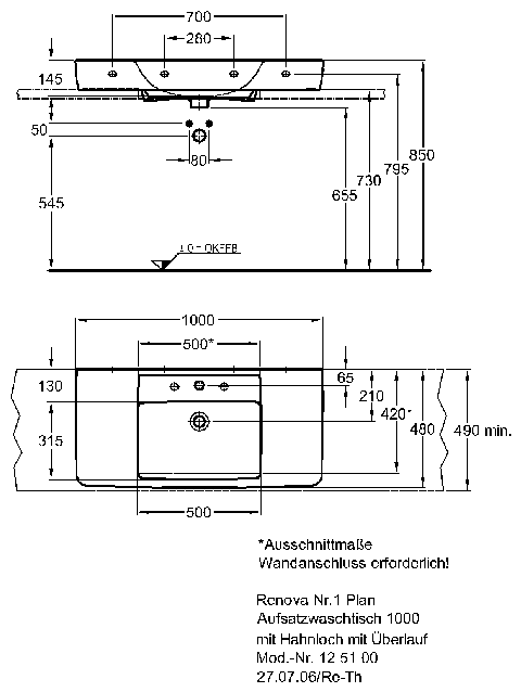 Keramag Aufsatzwaschtisch Renova Nr.1 Plan 125100 1000x480mm
