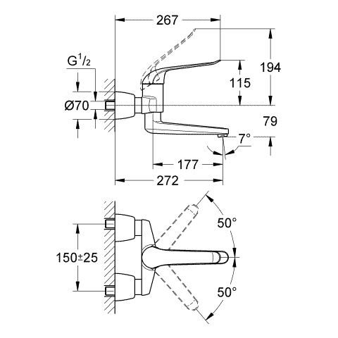 Grohe Einhand-Waschtisch-batterie Euroeco Special 32774 Wandmontage Ausladung 272mm chrom