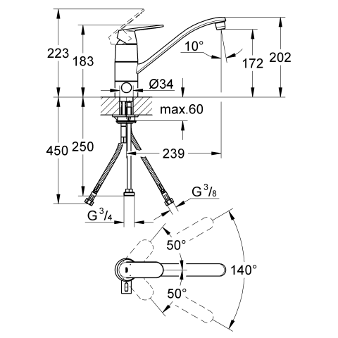 Grohe Einhand-Spültisch-Batterie Eurosmart C 31161 flacher Auslauf Absperrventil chrom