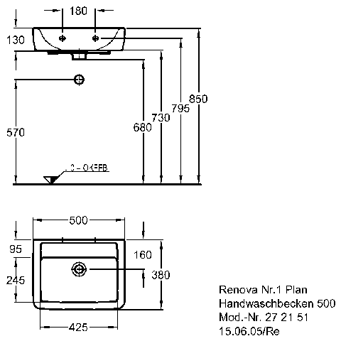 Keramag Handwaschbecken Renova Nr. 1 Plan 272151 500x380mm