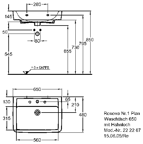 Keramag Waschtisch Renova Nr. 1 Plan 222267 650x480mm ohne Überlauf