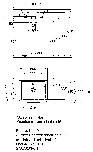 Keramag Aufsatz-Handwaschbecken Renova Nr.1 Plan 500 x 380 mm, 275150