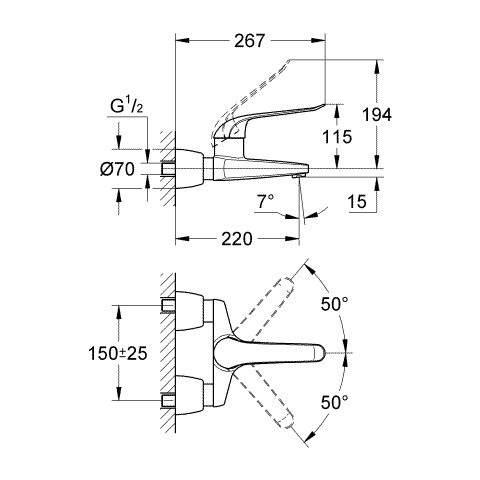 Grohe Einhand-Waschtisch-batterie Euroeco Special 32779 Wandm. Gussauslauf Ausladung 220mm chrom