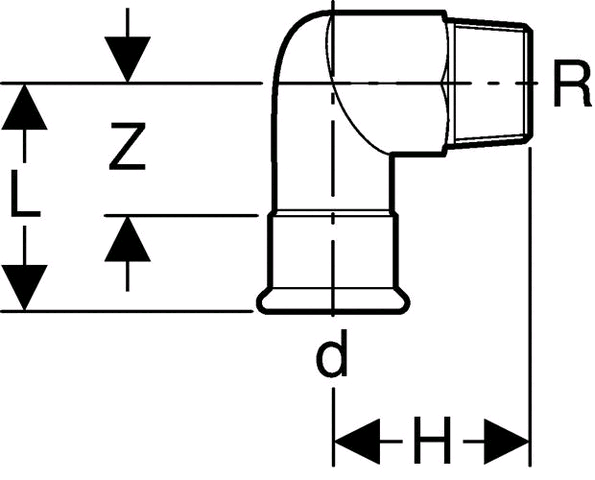 Geberit Mapress Edelstahl Übergangswinkel 90°, m. AG (Cr-Ni-Mo-Stahl)