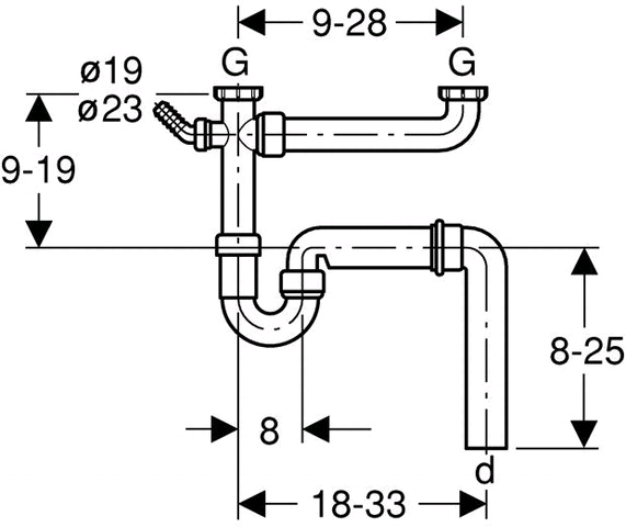 Geberit Spültisch-Ablauf G 11/2 x 50 mm weiß in PP Uni.-Abgangsbogen für zwei Becken