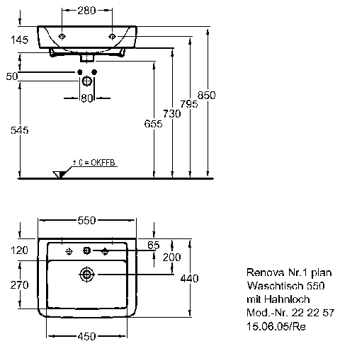 Keramag Waschtisch Renova Nr. 1 Plan 222257 550x440mm ohne Überlauf