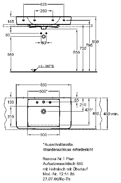 Keramag Aufsatzwaschtisch Renova Nr.1 Plan 125185 850x480mm