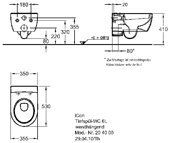 Keramag Tiefspül-WC iCon, 6l, wandhängend 204000, 530 mm Ausladung,