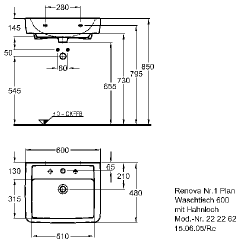 Keramag Waschtisch Renova Nr. 1 Plan 222262 600x480mm ohne Überlauf