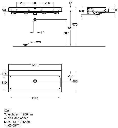 Keramag Waschtisch iCon, ohne Hahnloch 1200x485mm