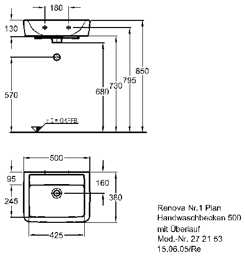 Keramag Handwaschbecken Renova Nr. 1 Plan 272153 500x380mm