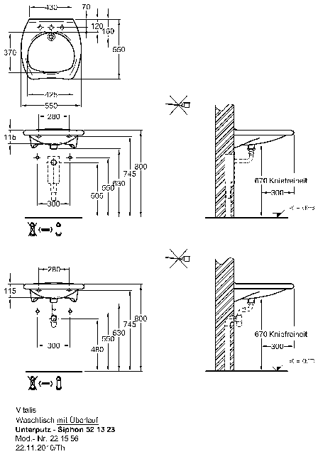 Keramag Waschtisch Vitalis 221556 550x550mm mit Überlauf