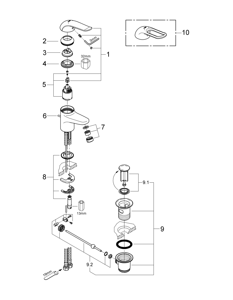 Grohe Einhand-Waschtisch-Batterie Euroeco Special 32763 Zugstangen-Ablaufgarnitur chrom