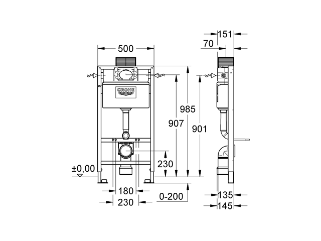 Grohe Rapid SL für WC 38525 Bauhöhe 1,00 m mit Spülkasten 6 - 9 l