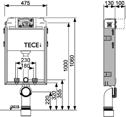 TECEbox Nassbauspülkasten BH 1060mm, Betätigung von vorne