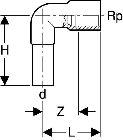 Geberit Mapress Edelstahl Übergangswinkel 90° mit IG, d 15 x Rp 1/2 m. Einschubende (Cr-Ni-Mo-Stahl)