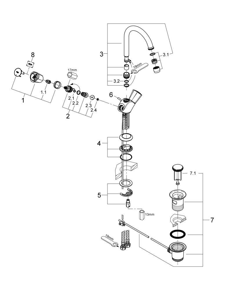 Grohe Zweigriff-Waschtisch-Batterie Costa 21375 Zugst.-Abl.grt. flex. A.-Schläuche chrom