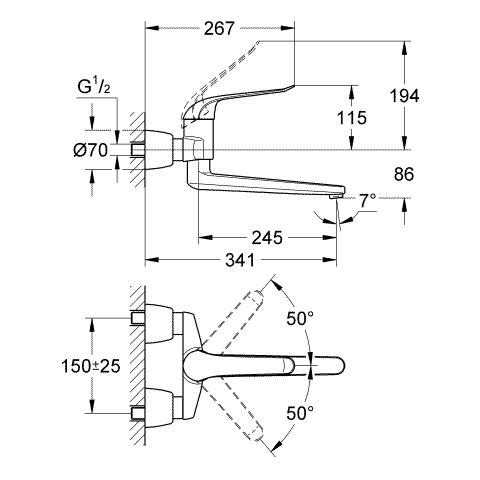 Grohe Einhand-Waschtisch-batterie Euroeco Special 32775 Wandmontage Ausladung 341mm chrom
