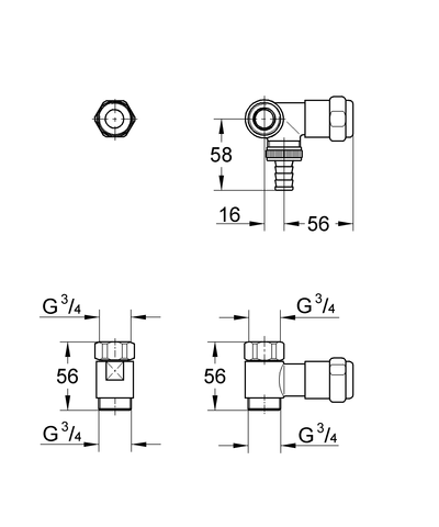 Grohe WAS-Ventil batterie 41043 Design-Gr. DN20 Anschluss rechts für 1/2" chrom