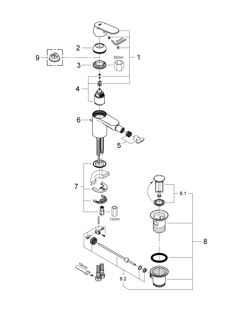 Grohe Bidetbatterie Eurosmart C 32839 DN15 mit Zugstangen-Ablaufgarnitur chrom