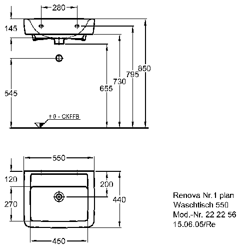 Keramag Waschtisch Renova Nr. 1 Plan 222256 550x440mm ohne Hahnloch